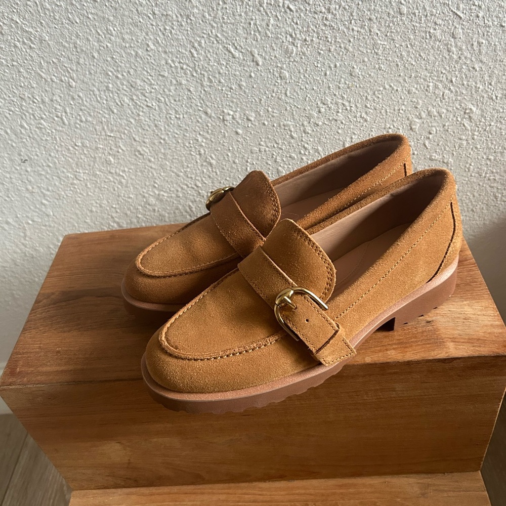Cole Haan Tan Suede Loafers with Gold Buckle